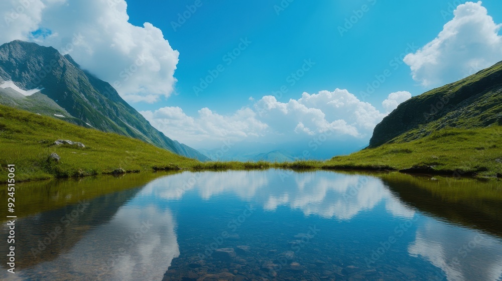 Serene Mountain Lake with Clear Blue Sky and Lush Green Hills Reflecting in Calm Water on a Sunny Day Serene Mountain Lake with Clear Blue Sky and Lush Green Hills Reflecting in Calm Water on a Sunny Day