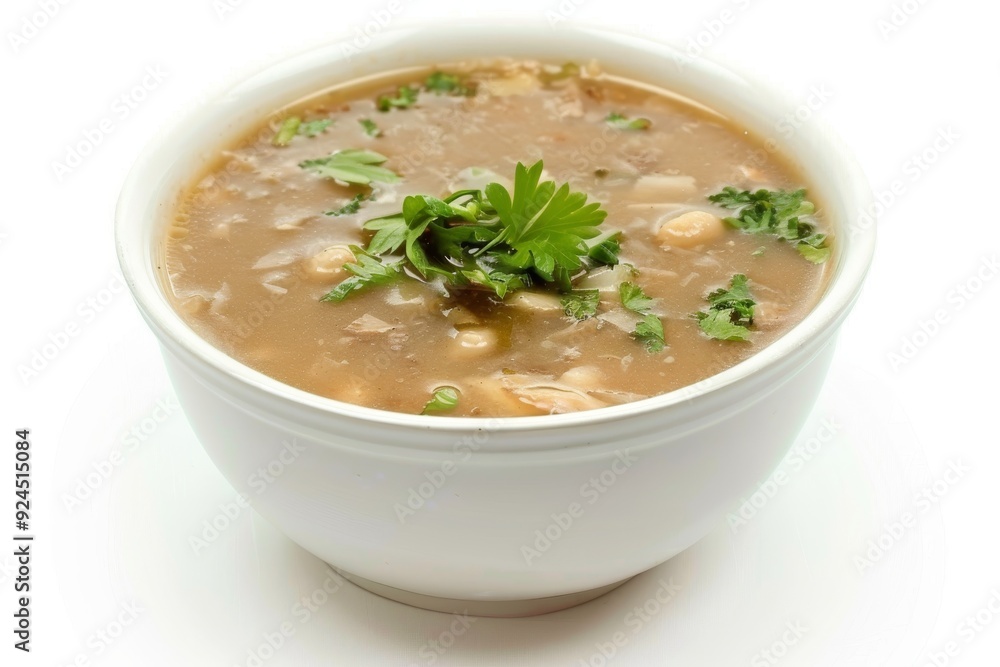 A bowl of savory soup garnished with fresh herbs. A bowl of savory soup garnished with fresh herbs.
