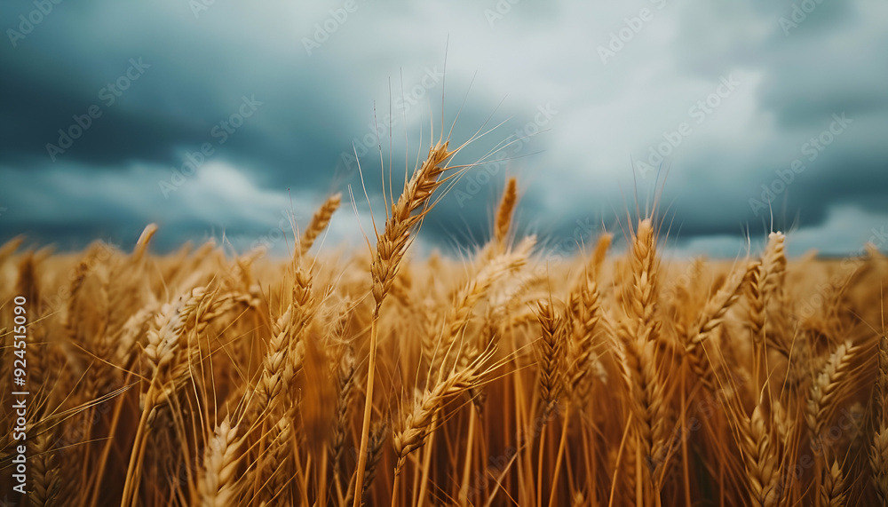 Fototapeta premium field of golden wheat sways gently in the wind, a dramatic sky above