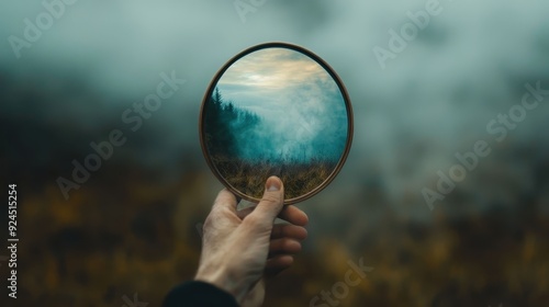 Hand Holding Mirror Reflecting Misty Forest Landscape with Cloudy Sky in the Background photo