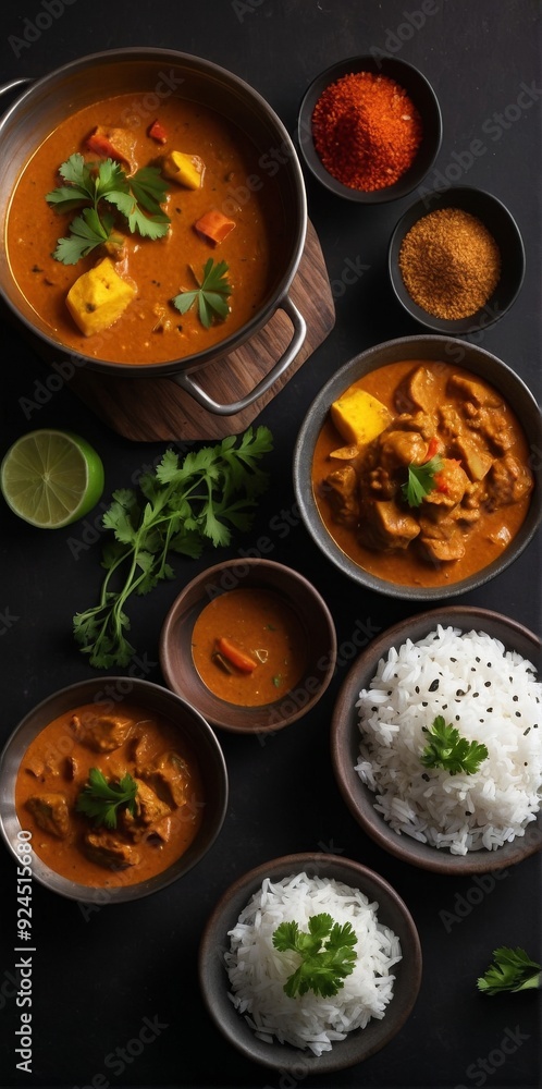 Elegant Curry Meat with Rice and Vegetables on a Dark Background Elegant Curry Meat with Rice and Vegetables on a Dark Background