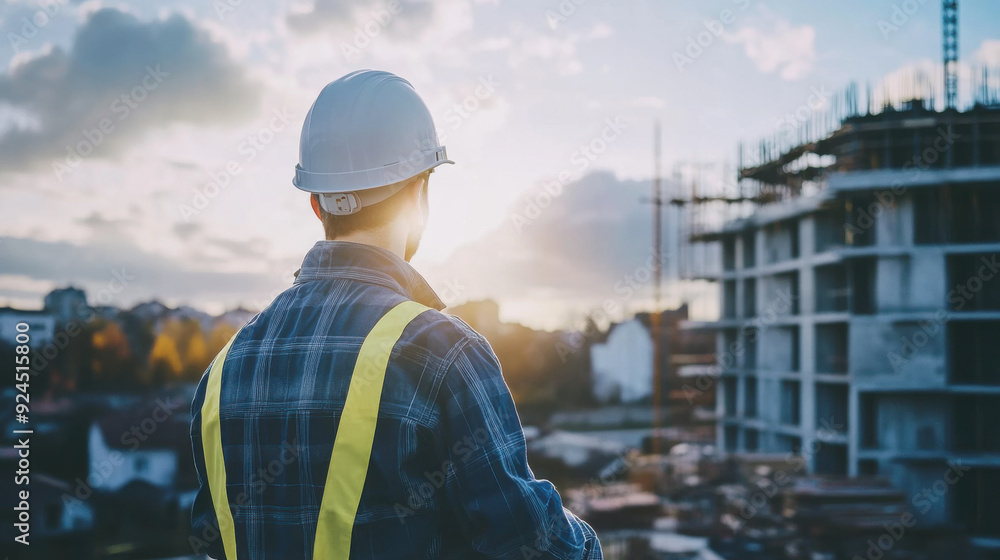 Engineer in a hard hat, conducting a safety inspection on a construction site Engineer in a hard hat, conducting a safety inspection on a construction site