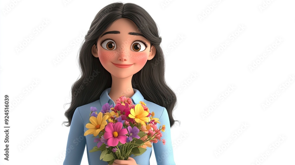 3D cartoon young woman holding a colorful bouquet on a white background 3D cartoon young woman holding a colorful bouquet on a white background