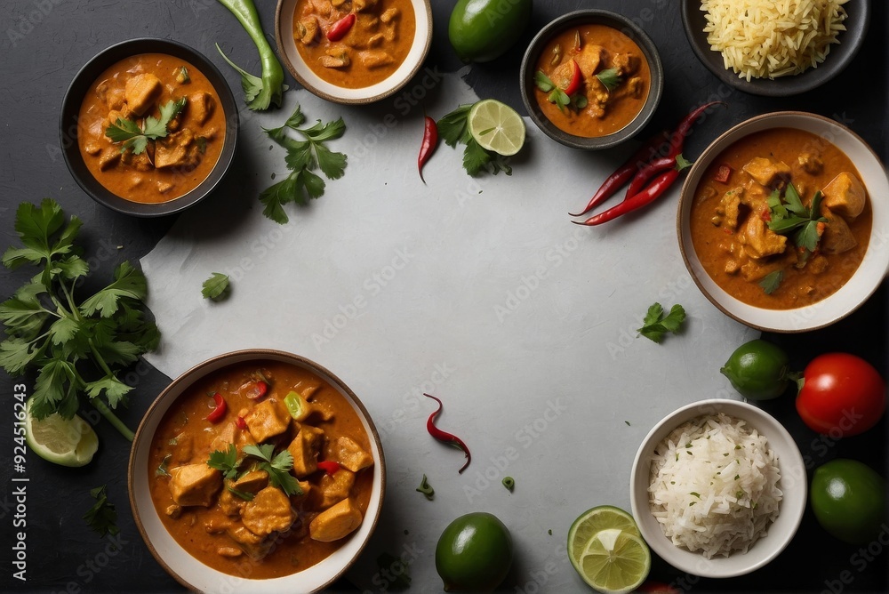 Elegant Curry Meat with Rice and Vegetables on a Dark Background Elegant Curry Meat with Rice and Vegetables on a Dark Background