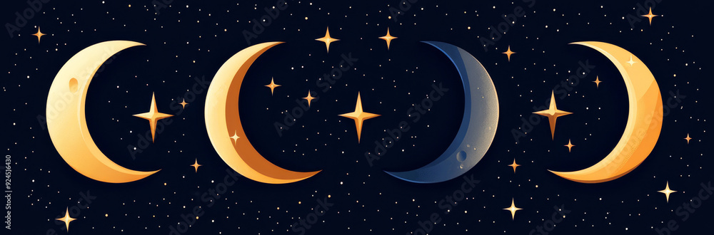 Naklejka premium Celestial moon phases, glittering stars, night sky wonder, ethereal light