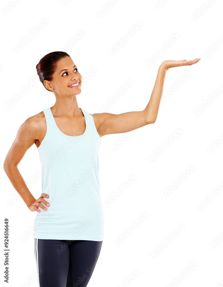 Fitness, woman and happy with hands for advertising in studio with product placement, exercise deal and mockup. Person, promotion and showing workout offer or training membership on white background Fitness, woman and happy with hands for advertising in studio with product placement, exercise deal and mockup. Person, promotion and showing workout offer or training membership on white background