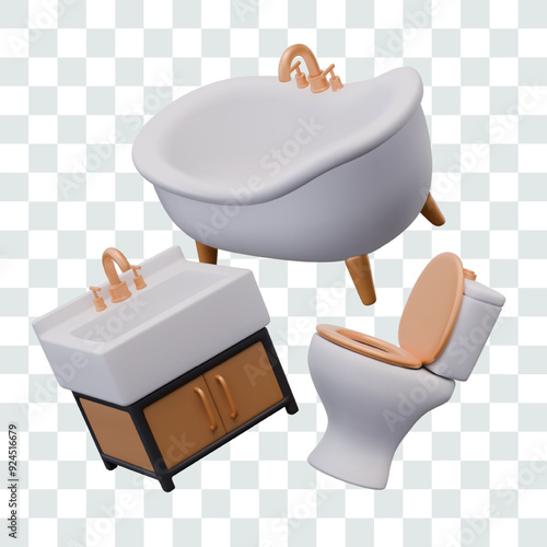 White bathtub with metal legs, sink with cabinet, toilet with seat