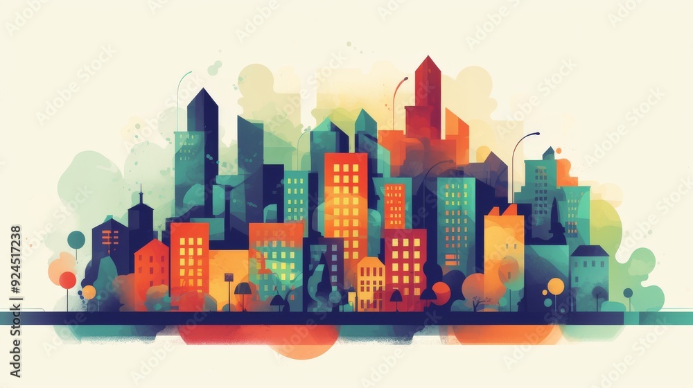 A cityscape with a lot of buildings and a lot of color A cityscape with a lot of buildings and a lot of color