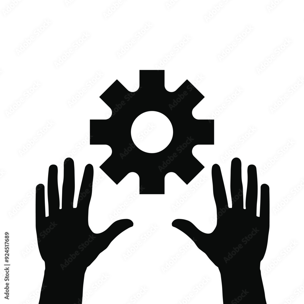 Hands and gear icon in grey scale isolated on white background. Hands and gear icon in grey scale isolated on white background.