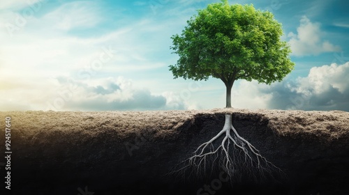 Wallpaper Mural Lush Green Tree with Extensive Root System Above and Below Ground Against a Cloudy Sky Background Torontodigital.ca