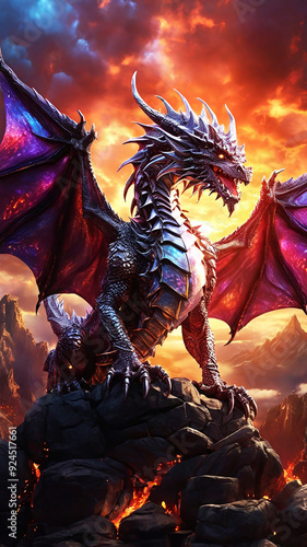 A majestic dragon soaring through a fiery sky, its iridescent scales glinting in the sunlight