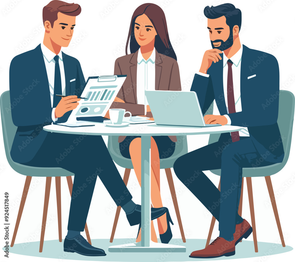 Partners meeting for business discussion with documents and laptop on desk. Couple at round table, speaking, discussing work, partnership. Flat vector illustration isolated on white background Partners meeting for business discussion with documents and laptop on desk. Couple at round table, speaking, discussing work, partnership. Flat vector illustration isolated on white background