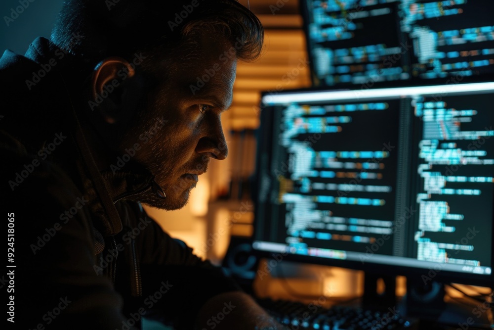 A person sits in front of a computer monitor with a serious expression A person sits in front of a computer monitor with a serious expression