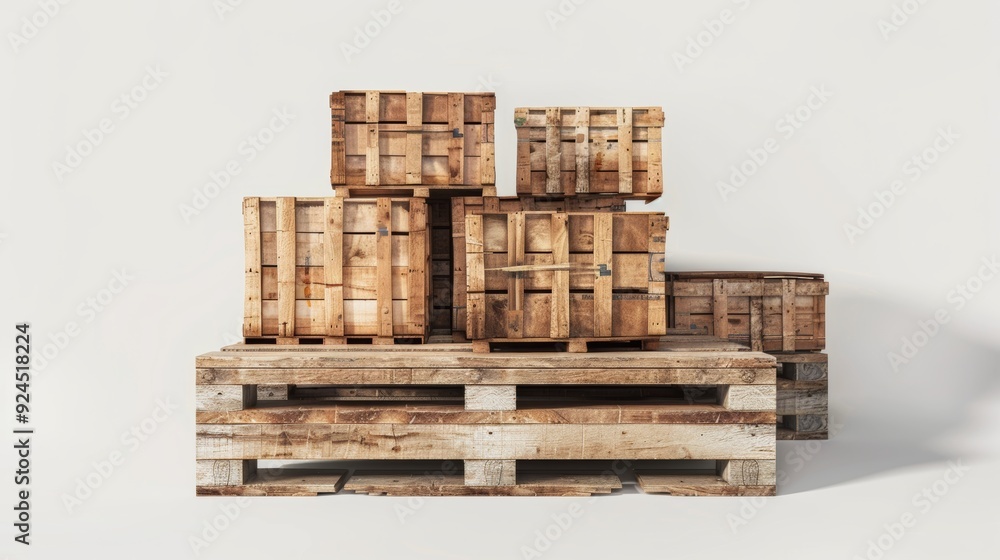 Crate boxes on wooden pallet, Wooden pallet with cardboard boxes in factory warehouse, Flat stacked cardboard parcel boxes in warehouse, Product packaging, Brown 3D box Crate boxes on wooden pallet, Wooden pallet with cardboard boxes in factory warehouse, Flat stacked cardboard parcel boxes in warehouse, Product packaging, Brown 3D box