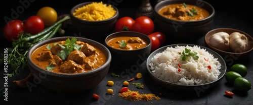 Elegant Curry Meat with Rice and Vegetables on a Dark Background