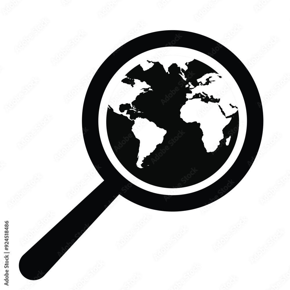magnifying glass and planet earth icon in grey scale isolated on white background. magnifying glass and planet earth icon in grey scale isolated on white background.