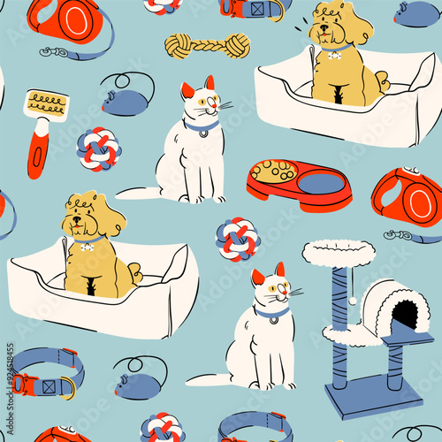 Pet shop, veterinary shop supplies. Food bowl, toys, bed, collar, leash, brush, ball, mouse, cat house. Pet care, accessories for cats, dogs. Hand drawn Vector illustration. Square seamless Pattern