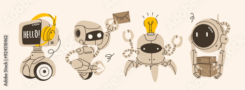 Set of white Robots. Cute artificial robotic characters. Hand drawn Vector illustration. Futuristic retro androids. Cartoon style. Isolated design elements. Delivery, customer service, postal concept