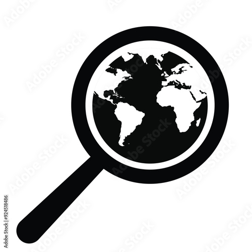 magnifying glass and planet earth icon in grey scale isolated on white background.