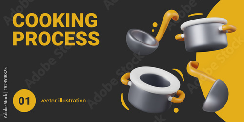 Creative poster, cooking process. 3D tableware in cartoon style. Pot with handles, ladle