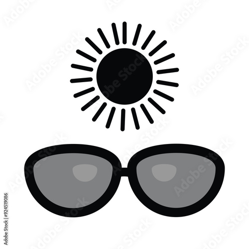 Pair of Sunglasses and sun icon in grey scale isolated on white background.
