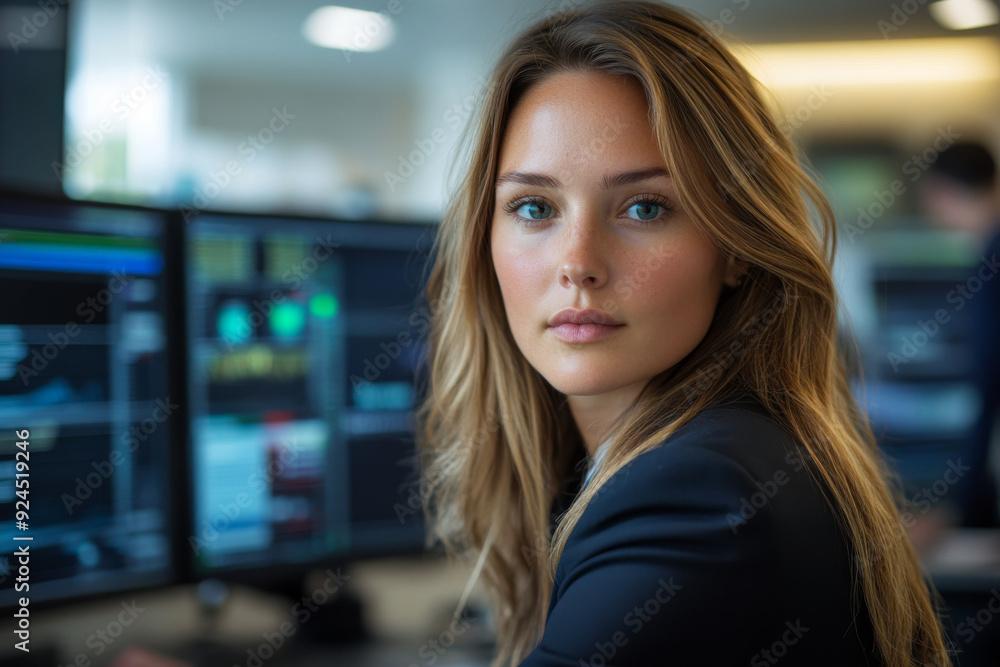 focused businesswoman in office, multiple computer screens, professional environment, technology-driven workplace, serious expression, modern office, data analysis, corporate setting focused businesswoman in office, multiple computer screens, professional environment, technology-driven workplace, serious expression, modern office, data analysis, corporate setting