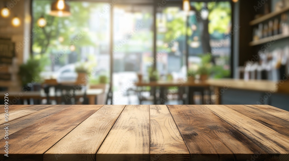Empty Wooden Table with Blurred Cafe Background. Empty Wooden Table with Blurred Cafe Background.