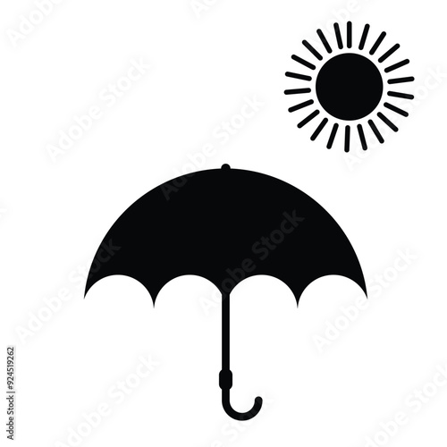 Umbrella and sun icon in grey scale isolated on white background.