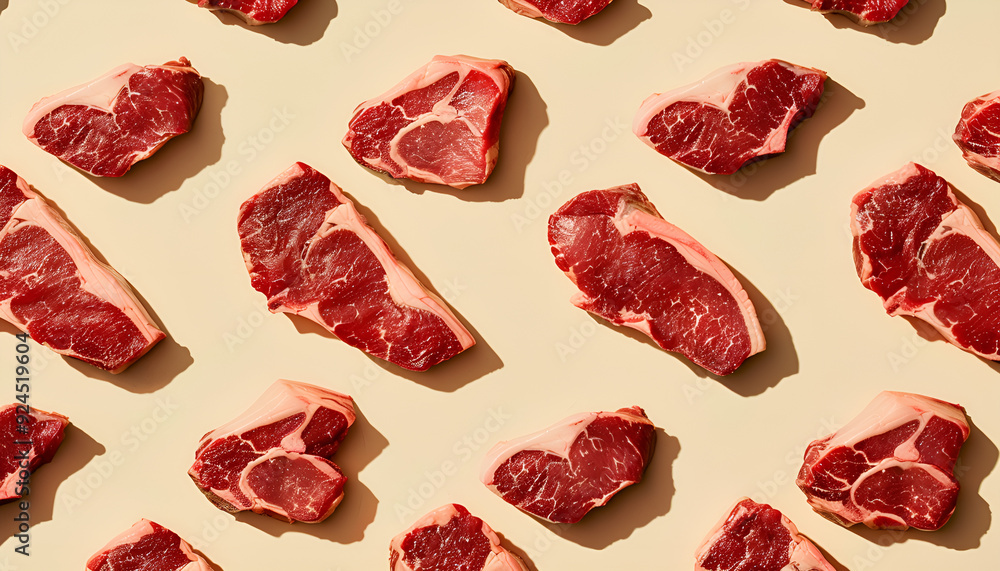 flat lay of raw beef steaks arranged in a repeating pattern on a beige background flat lay of raw beef steaks arranged in a repeating pattern on a beige background