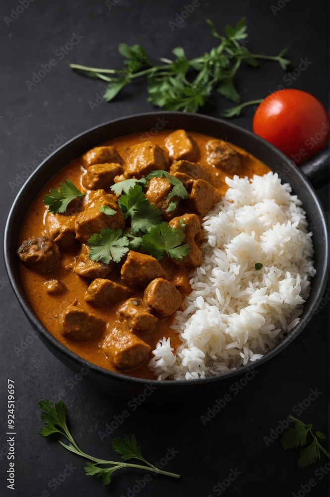 Elegant Curry Meat with Rice and Vegetables on a Dark Background Elegant Curry Meat with Rice and Vegetables on a Dark Background