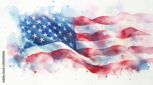 Watercolor painting of an American flag waving, soft pastel colors on a white background, with subtle stars and stripes details, celebrating the 4th of July. photo