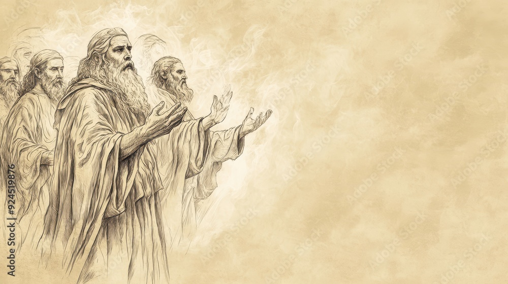 Fototapeta premium Faith-Inspired Biblical Illustration: Saul Anointed King, Spirit of the Lord Comes Upon Saul with Prophets, Prophesies, Beige Background, Christian Artwork, Prophecy Scene