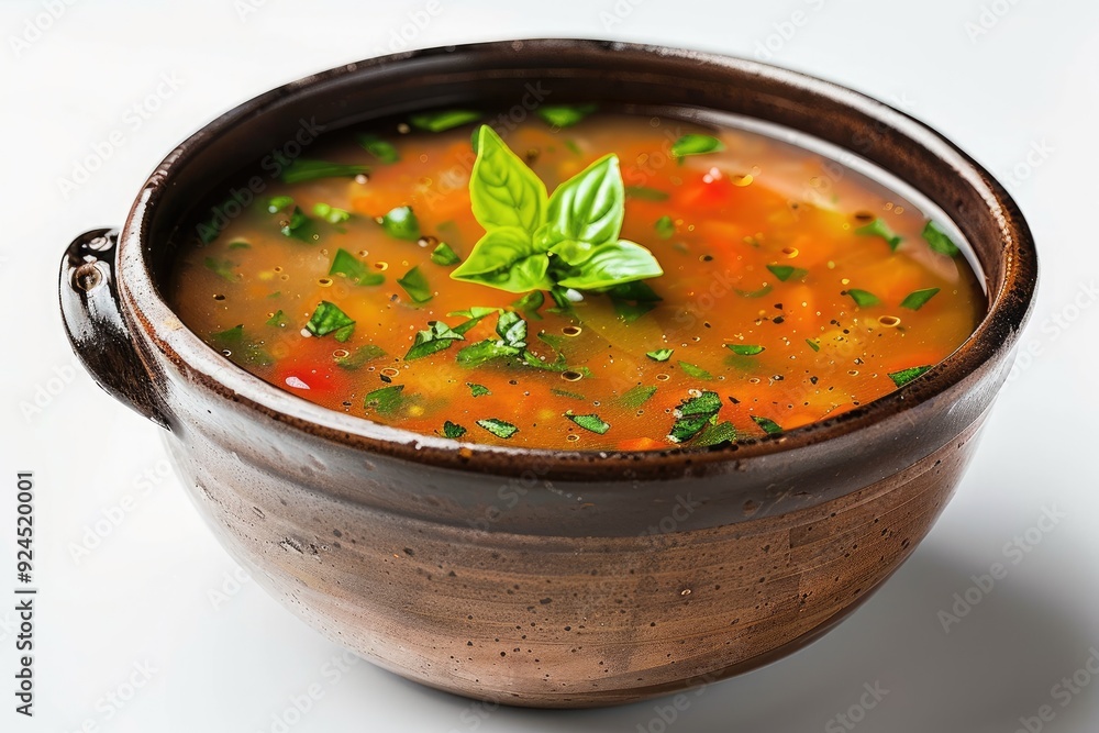A bowl of soup garnished with fresh herbs, showcasing a vibrant and appetizing dish. A bowl of soup garnished with fresh herbs, showcasing a vibrant and appetizing dish.