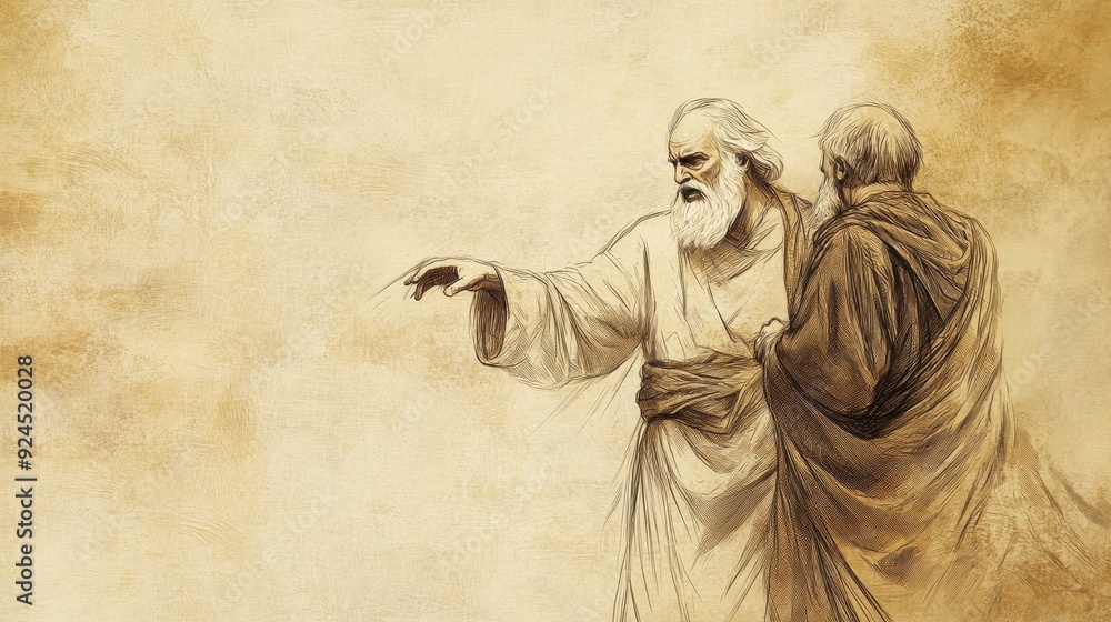 Fototapeta premium 1 Samuel Biblical Illustration: The Lord Rejects Saul as King, Samuel Turns Away, Saul Tears Robe Hem