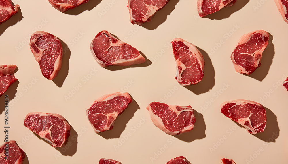 Fototapeta premium flat lay of raw beef steaks arranged in a repeating pattern on a beige background