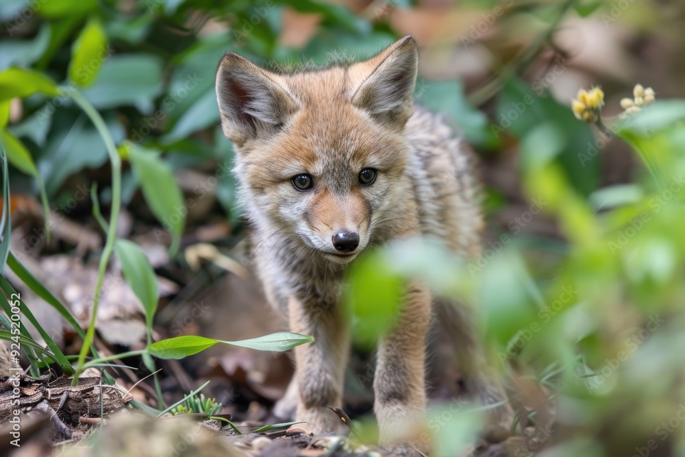 A young fox walking through the woods A young fox walking through the woods