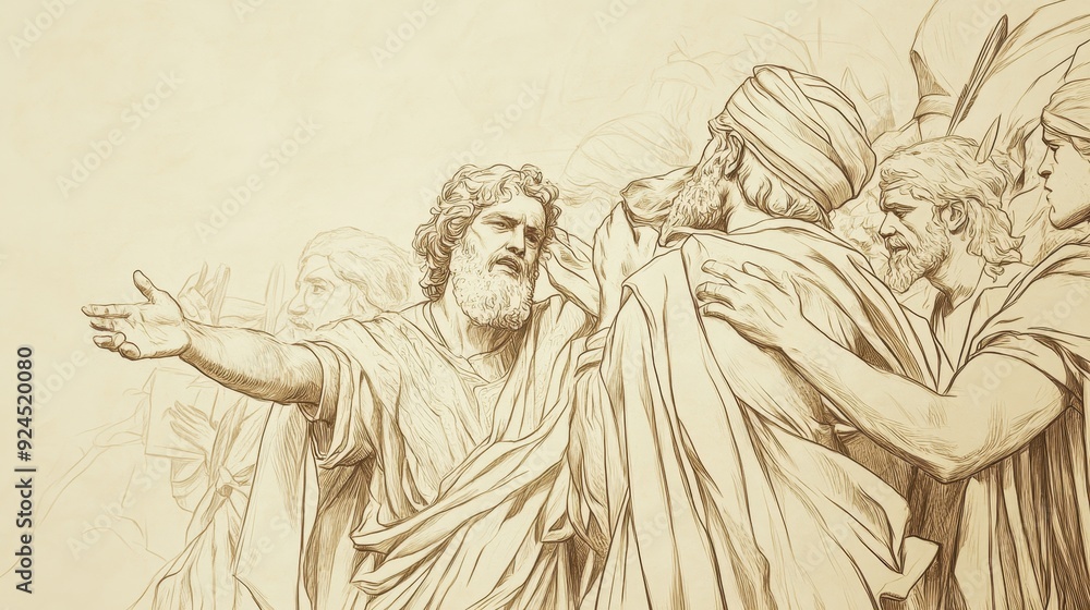 Fototapeta premium Faith-Inspired Biblical Illustration: Saul Anointed King, Saul Hiding Among Supplies, Presented as King, Beige Background, Christian Artwork, Revelation Scene