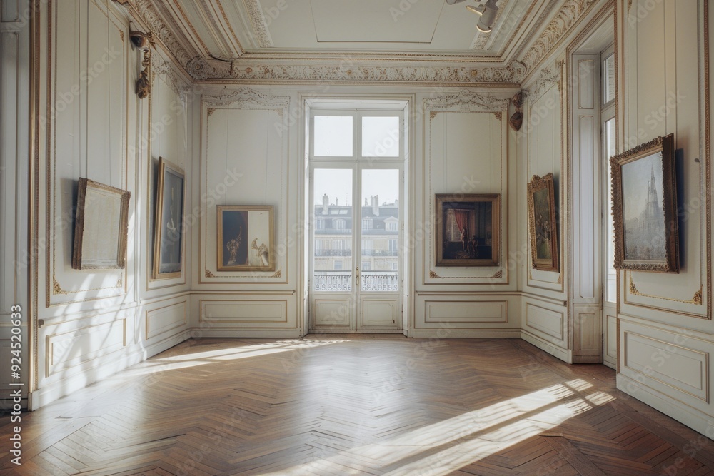 A spacious room filled with numerous paintings on the walls, perfect for decorating or storytelling A spacious room filled with numerous paintings on the walls, perfect for decorating or storytelling