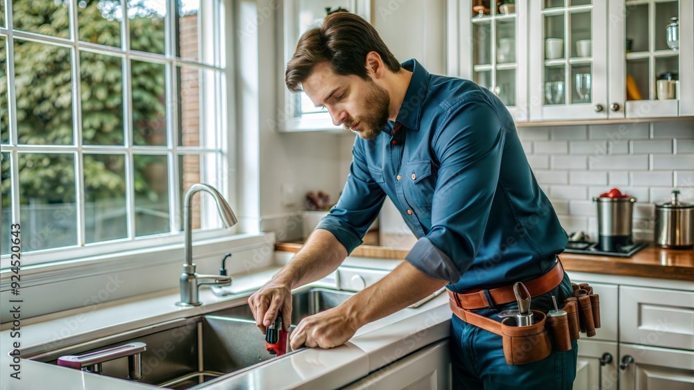 a man working in a modern kitchen. The layout features a countertop with a sink and various tools. The man, with short brown hair and fair skin, is focused on his task, wearing a dark blue shirt and a man working in a modern kitchen. The layout features a countertop with a sink and various tools. The man, with short brown hair and fair skin, is focused on his task, wearing a dark blue shirt and