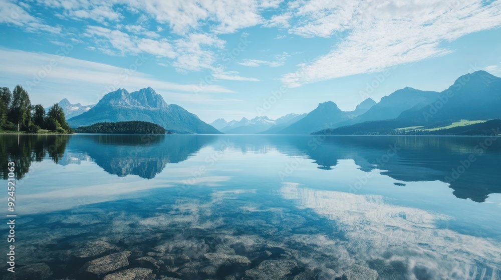 Naklejka premium Mountain reflection on clear lake water.