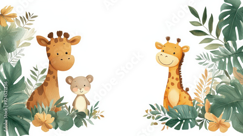 A baby shower invitation card, safari theme, adventurous design, green and brown, isolated on white background