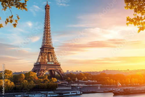 A beautiful sunrise or sunset scenery with the maple trees along the Seine and the iconic Eiffel Tower in Paris as a backdrop. Travel background of Paris, France.	