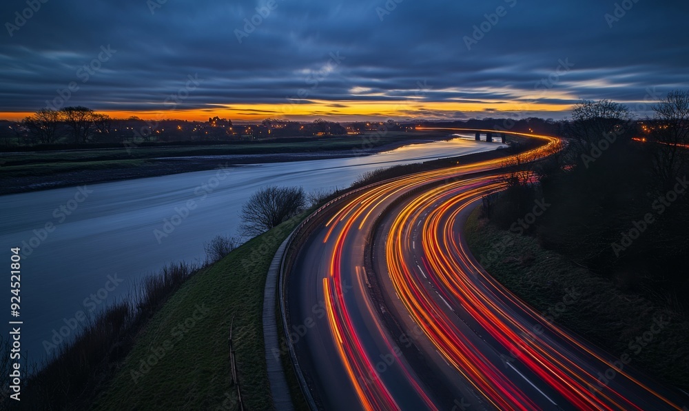 Naklejka premium Long exposure photograph of car light trails on the highway at night with a river in the background.