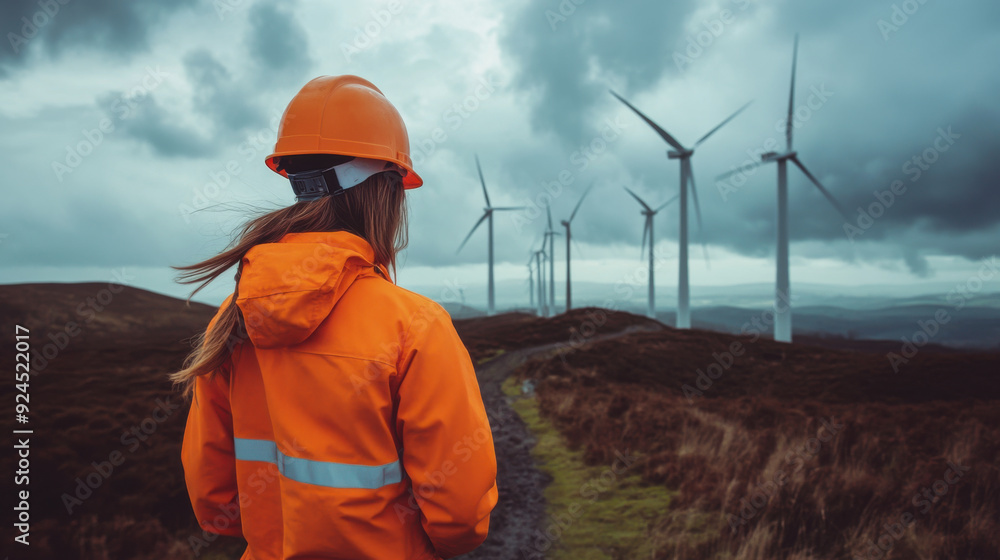 Female worker in an orange jacket and hard hat, looking at wind turbines on a cloudy, windy day Female worker in an orange jacket and hard hat, looking at wind turbines on a cloudy, windy day