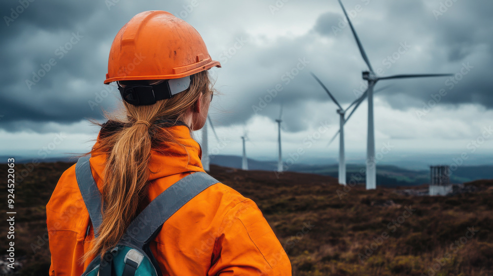 Female worker in an orange jacket and hard hat, looking at wind turbines on a cloudy, windy day Female worker in an orange jacket and hard hat, looking at wind turbines on a cloudy, windy day