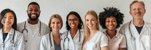 Obraz na płótnie A diverse group of healthcare professionals including doctors and nurses standing side by side, wearing their white coats in a clinical setting. w salonie