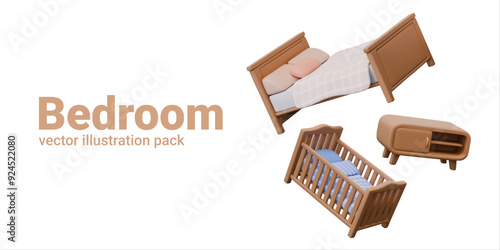 Set of realistic furniture for adult and children bedroom. Wooden interior elements in cartoon style