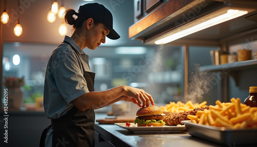 Chef Preparing Gourmet Burger with Fries in Restaurant Kitchen