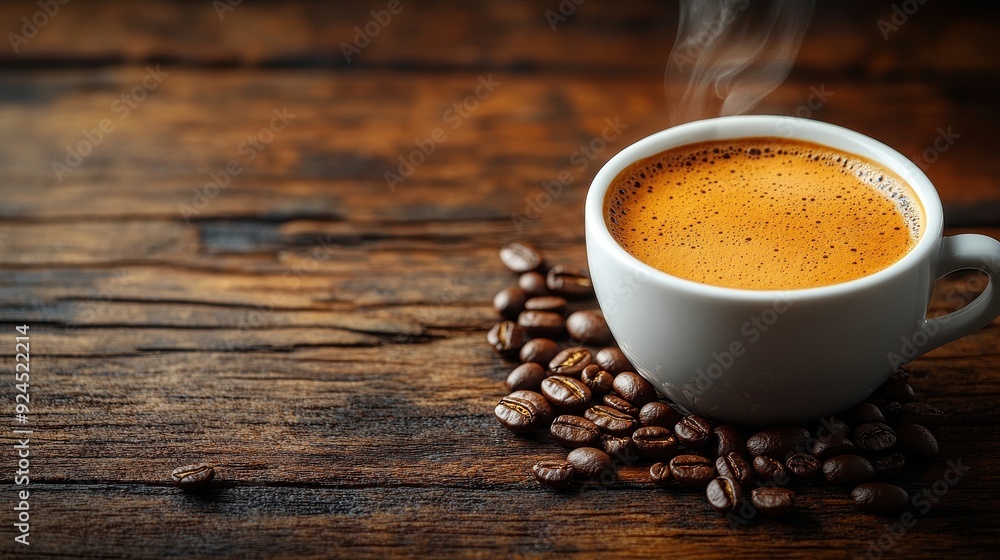Hot Coffee with Steam on Rustic Wooden Background with Coffee Beans. Hot Coffee with Steam on Rustic Wooden Background with Coffee Beans.