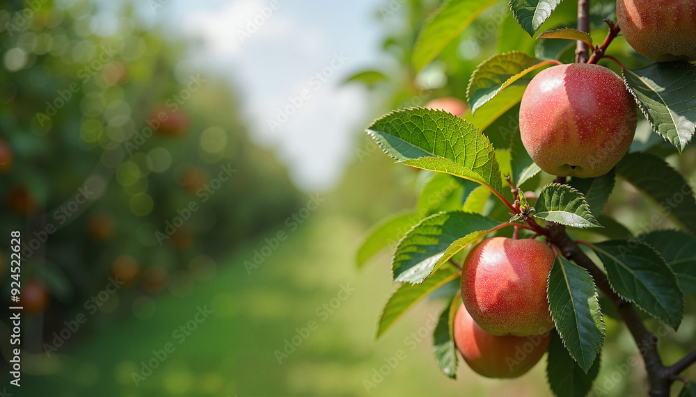 Ripe Red Apples on Tree Branch in Sunny Orchard Ripe Red Apples on Tree Branch in Sunny Orchard